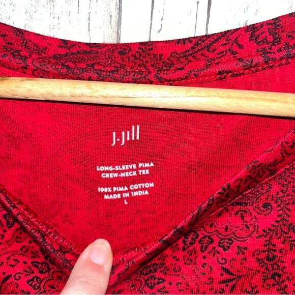J. Jill Red Printed Long Sleeve Pima Crew Neck Tee - Picture 6 of 7